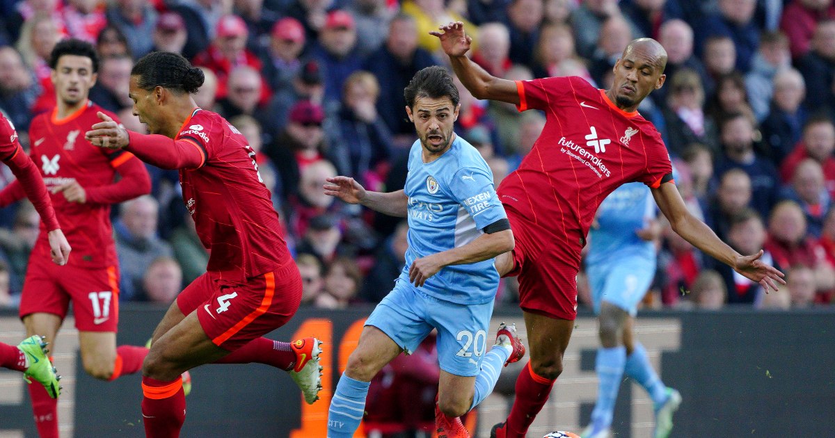 Liverpool players struggle to contain Bernardo Silva