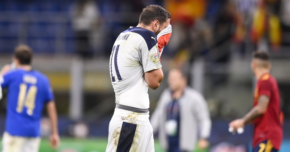 Italy goalkeeper Gianluigi Donnarumma looking distressed