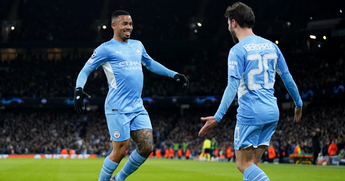 Gabriel Jesus celebrates his goal with Bernardo Silva