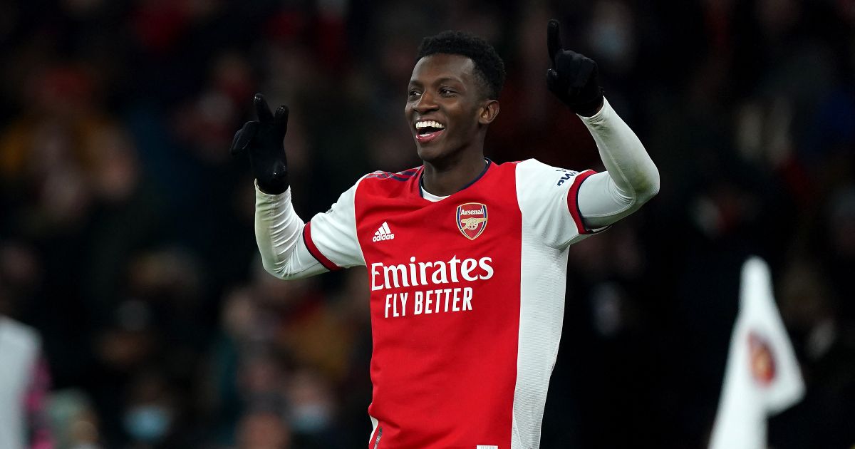 Arsenal striker Eddie Nketiah celebrates scoring a goal