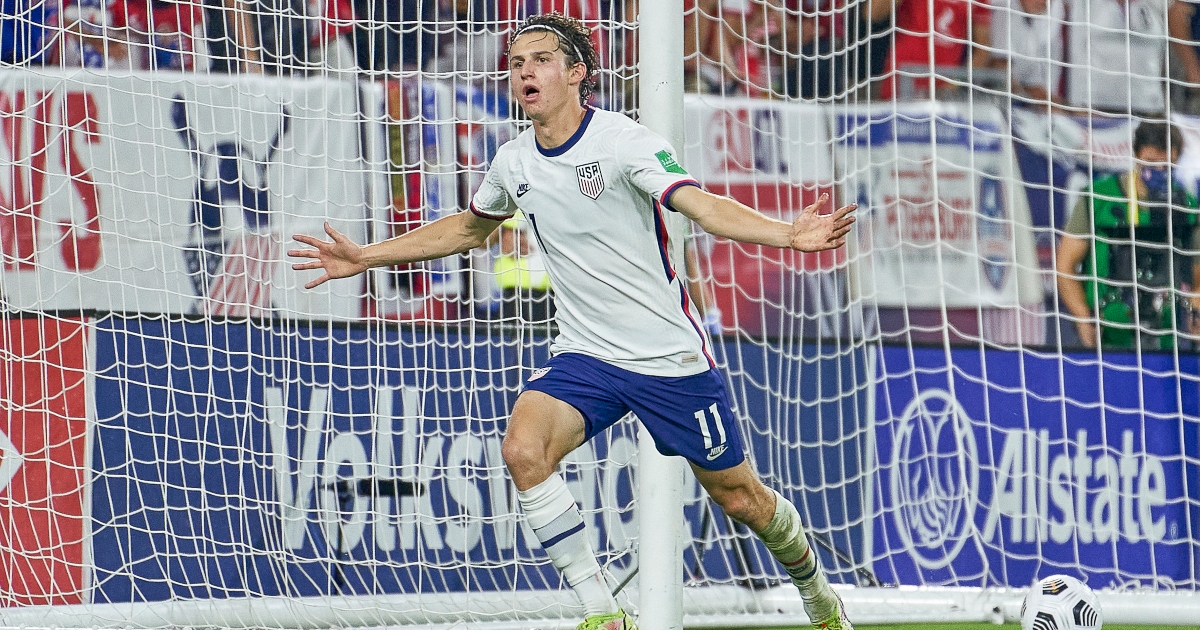 Reported Leeds target Brenden Aaronson celebrates his goal