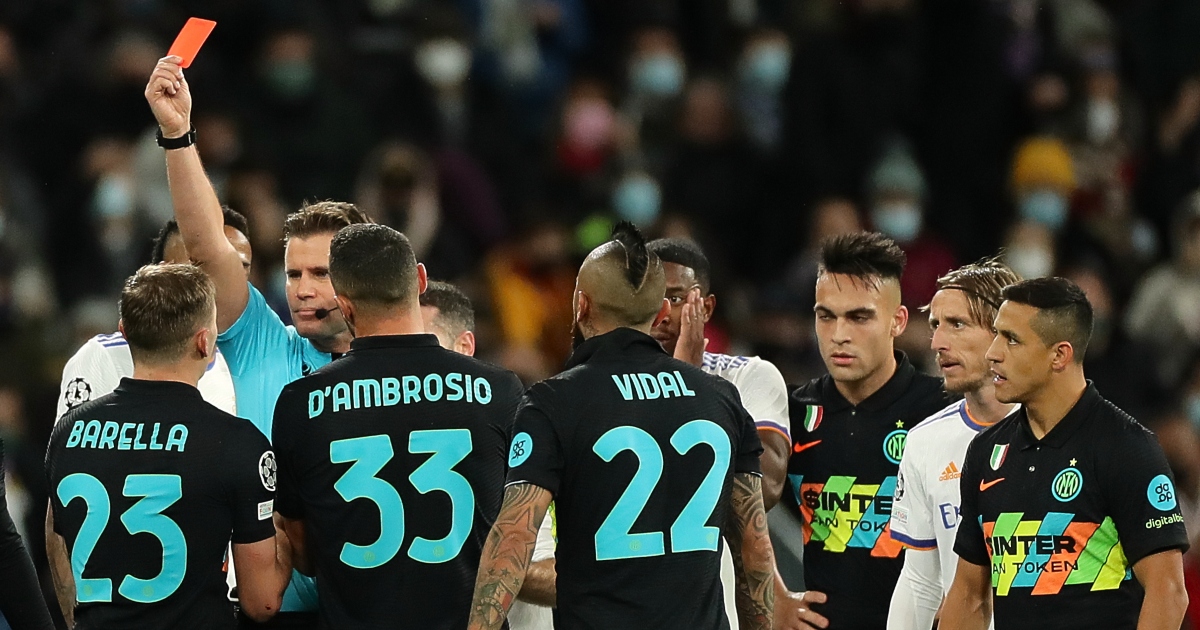 Inter Milan midfielder Nicolo Barella being shown a red card