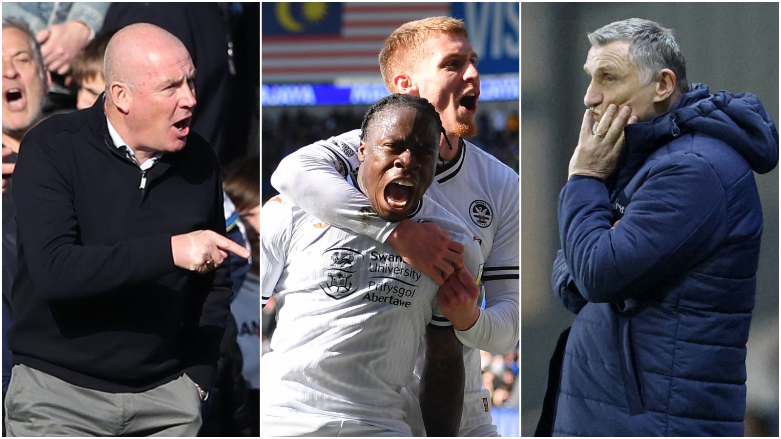 Mark Warburton, Swansea celebrating and Tony Mowbray
