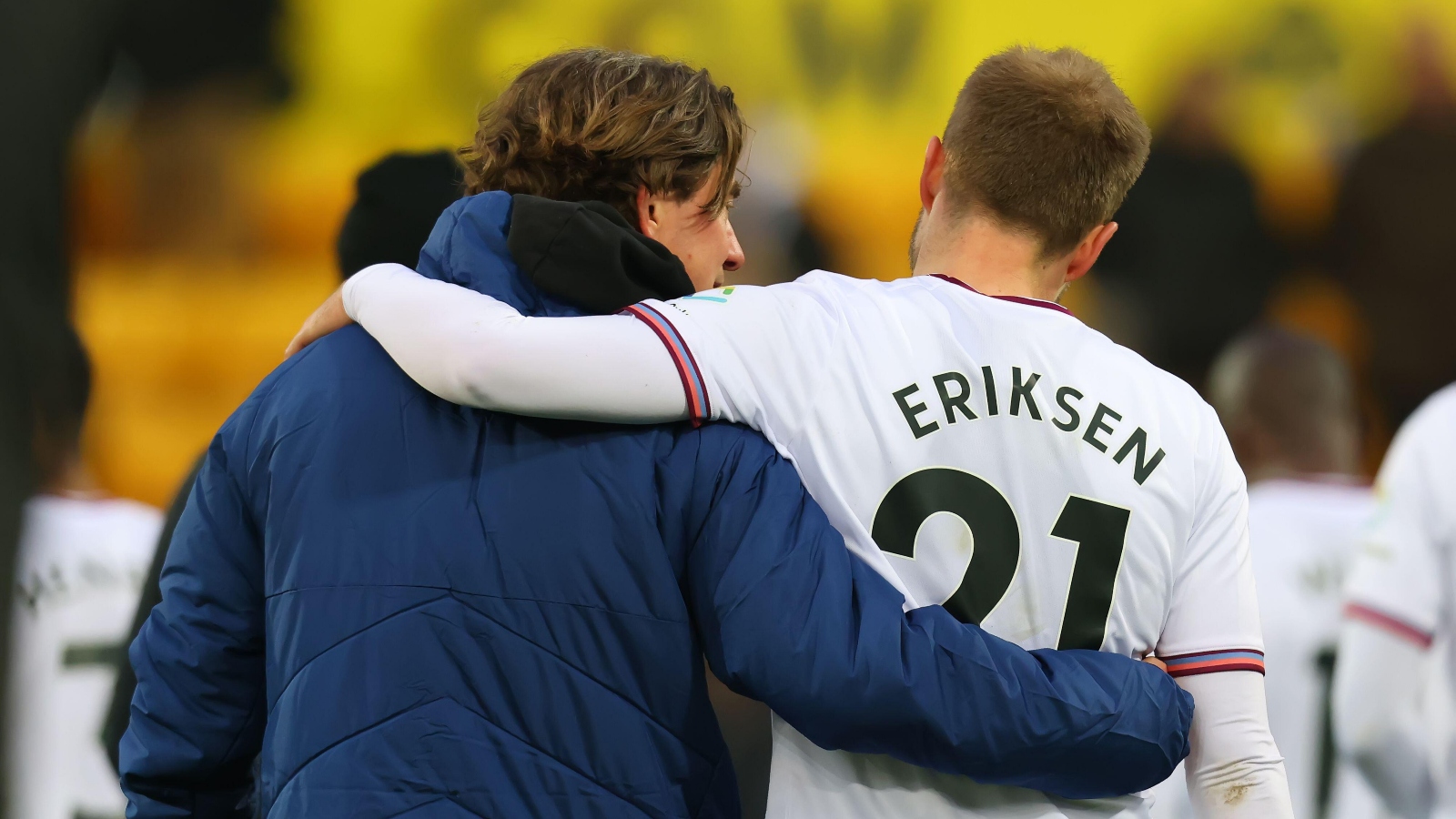 Thomas Frank hugs Christian Eriksen after a win