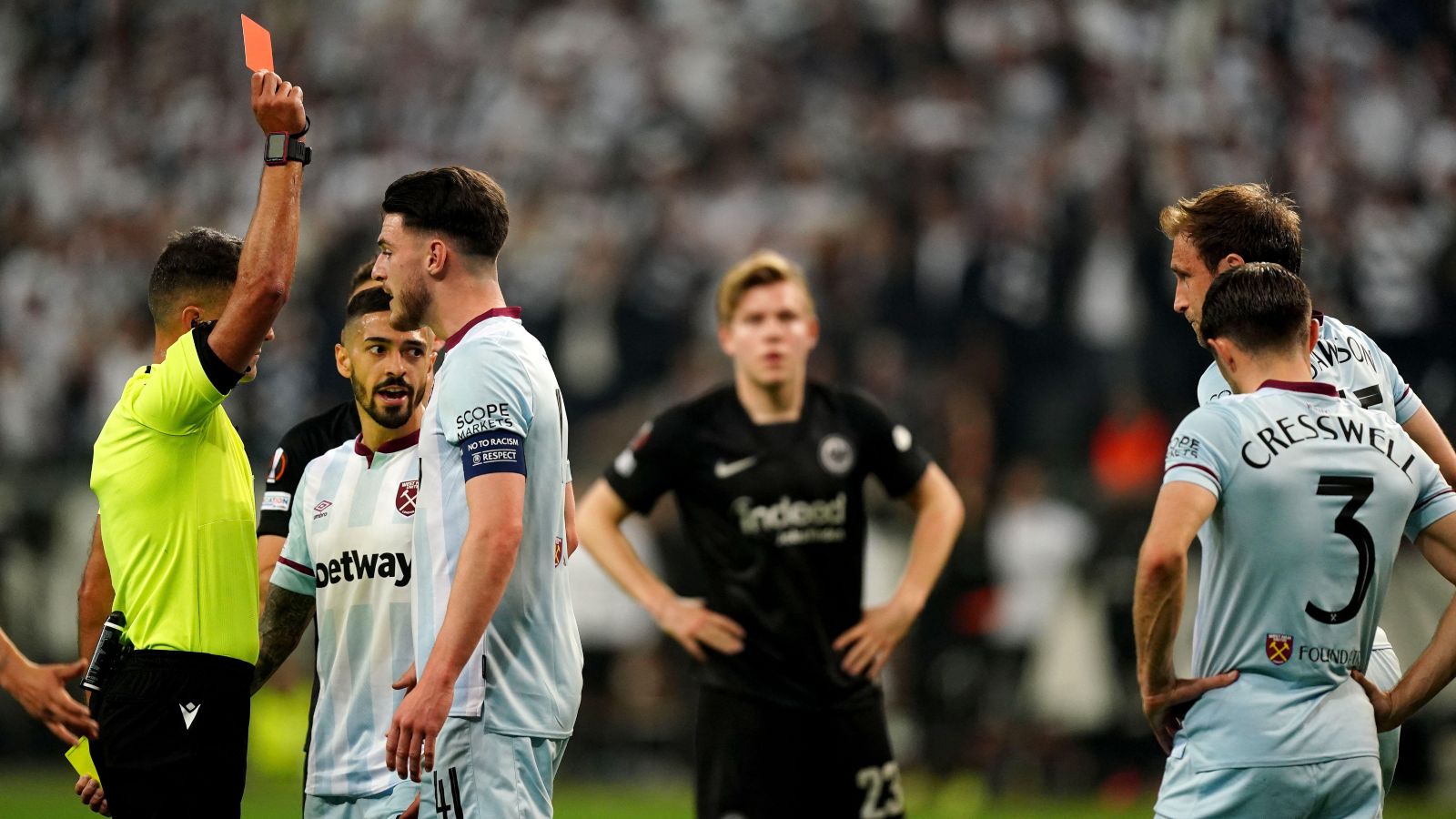 West Ham defender Aaron Cresswell is sent off