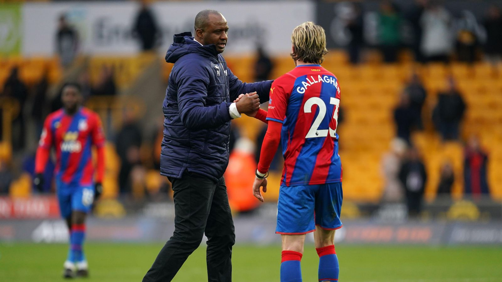 Crystal Palace boss Patrick Vieira shakes Conor Gallagher's hand