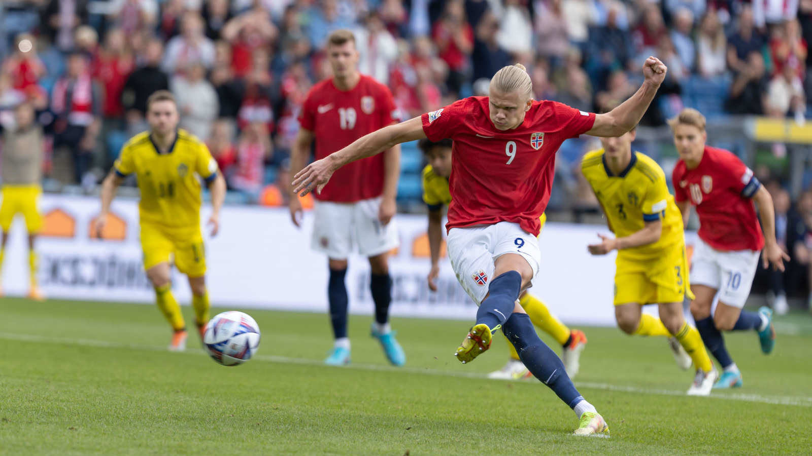 Erling Haaland of Manchester City scores for Norway against Sweden