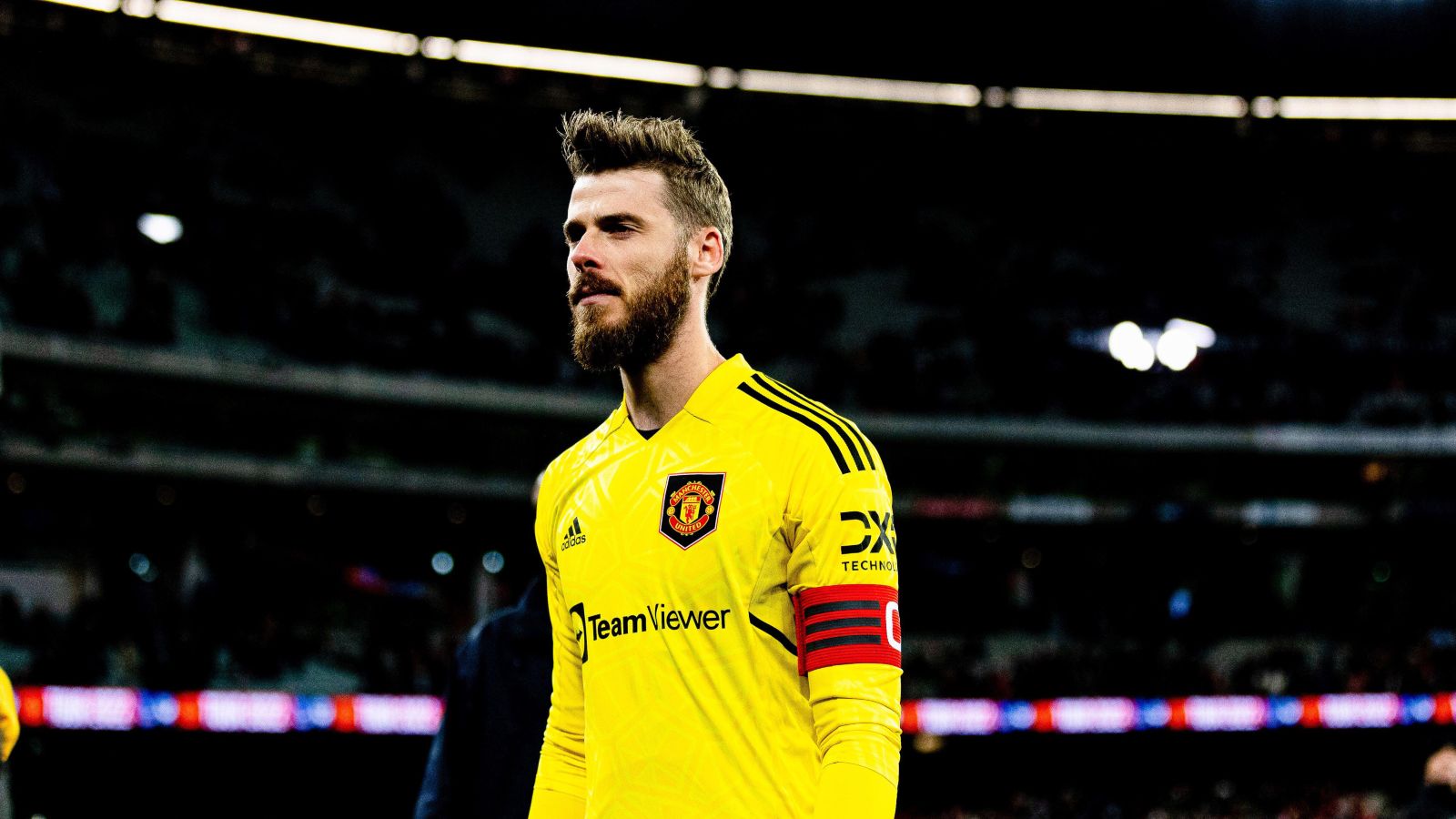Man Utd goalkeeper David de Gea looks at the crowd behind the goal