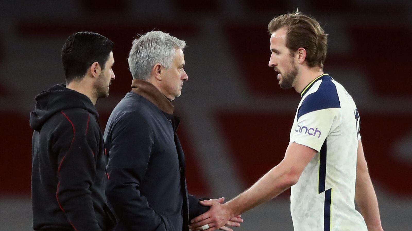 Jose Mourinho, Harry Kane and Arsenal manager Mikel Arteta
