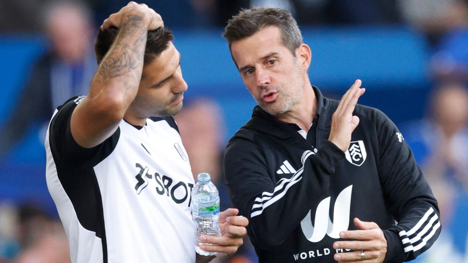 Marco Silva gives Aleksandar Mitrovic instructions before coming on.