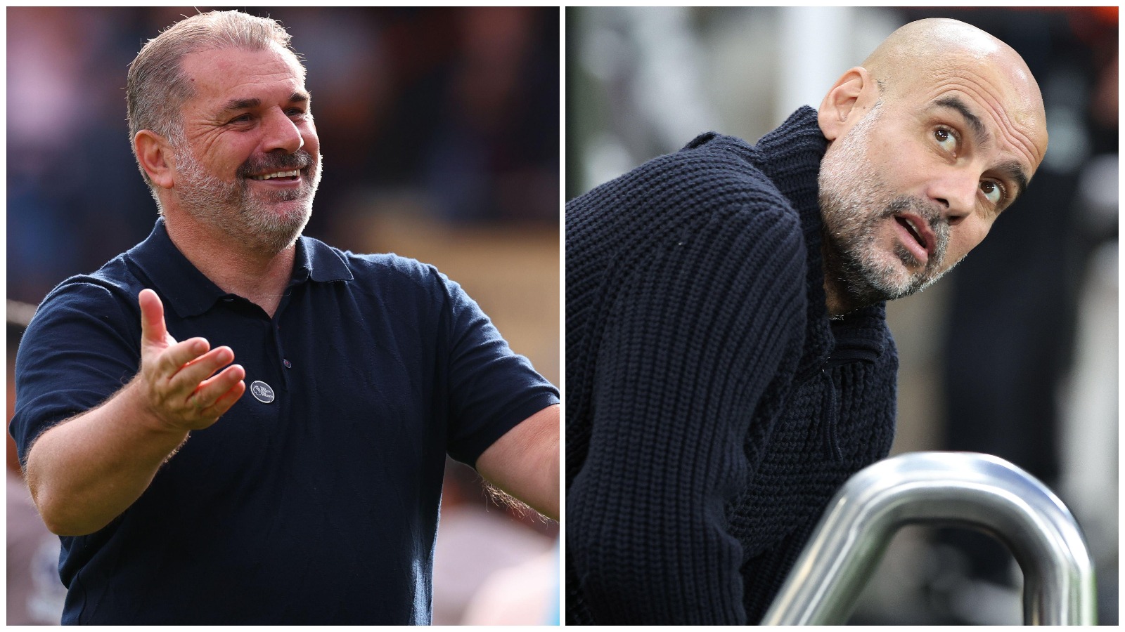 Tottenham manager Ange Postecoglou and Man City boss Pep Guardiola.