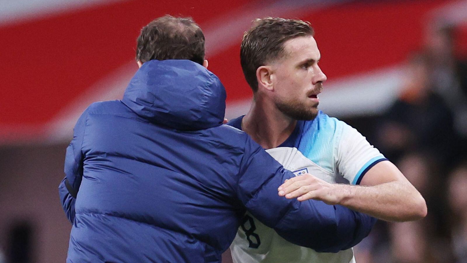 Gareth Southgate embraces England substitute Jordan Henderson at Wembley