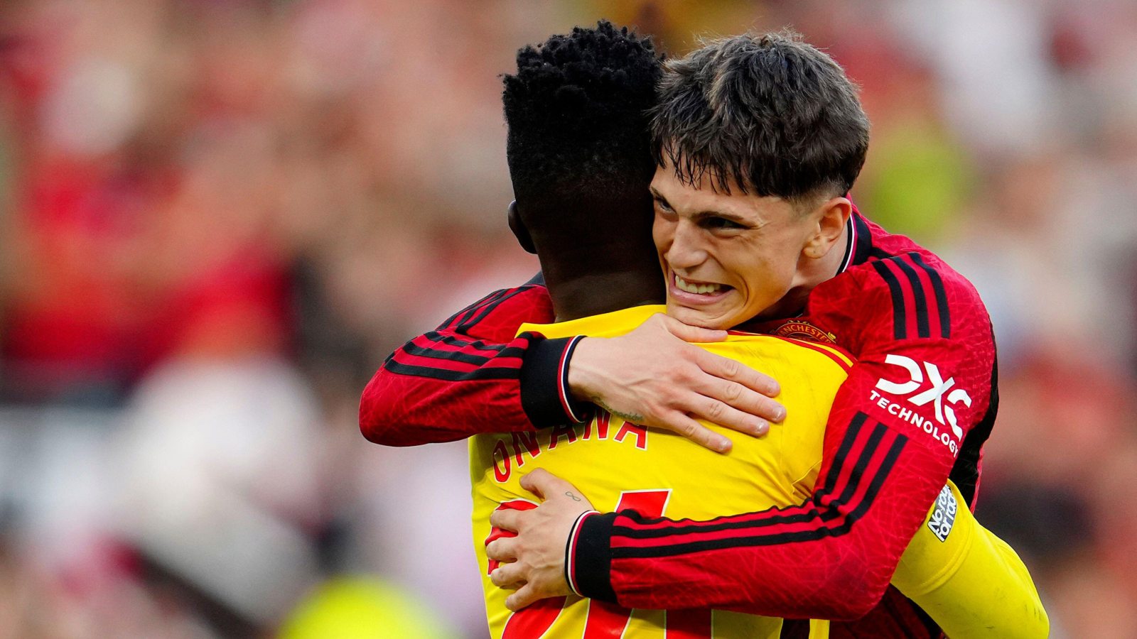 Man Utd goalkeeper Andre Onana hugs Alejandro Garnacho
