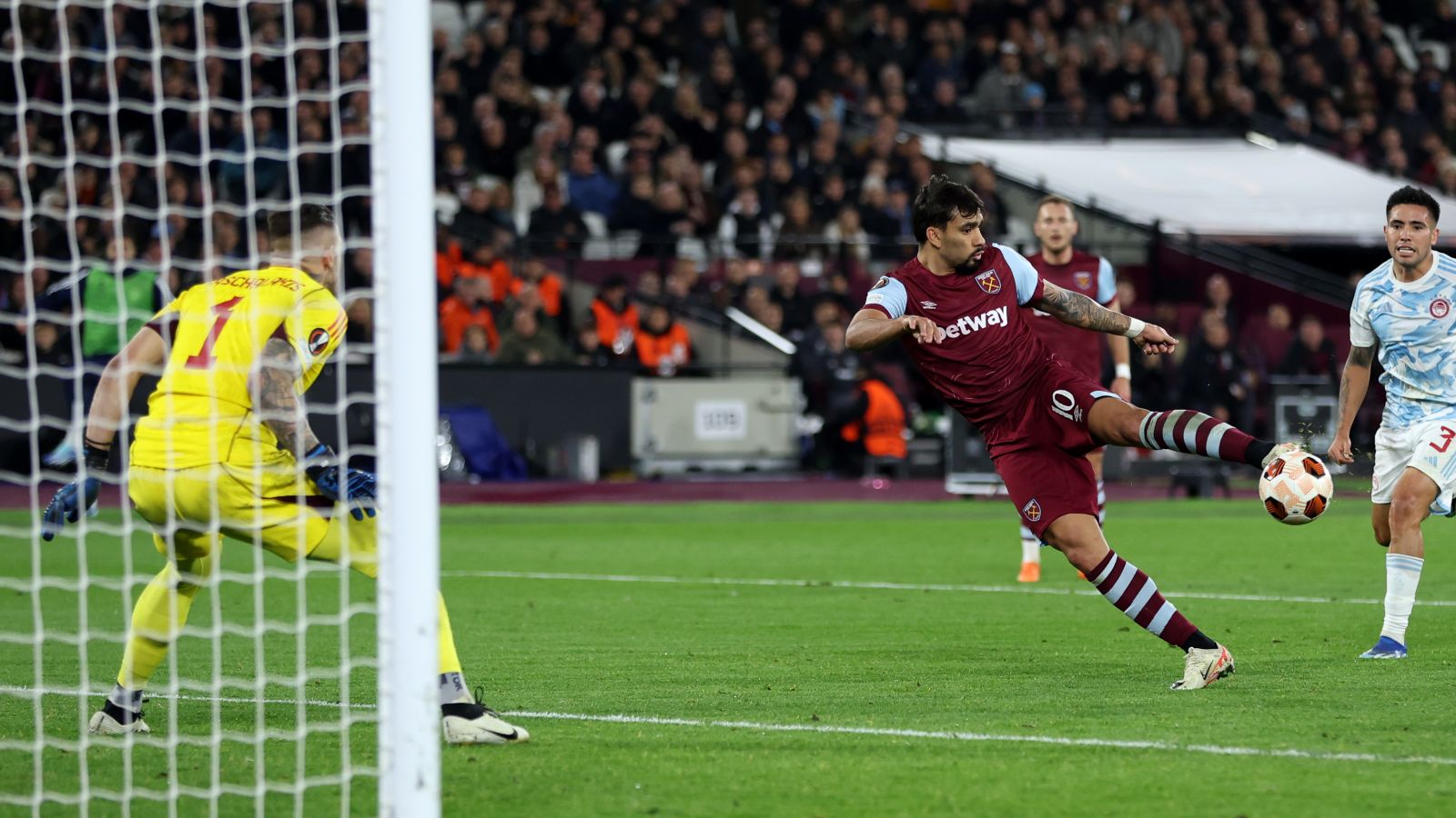 Lucas Paqueta of West Ham scores against Olympiacos