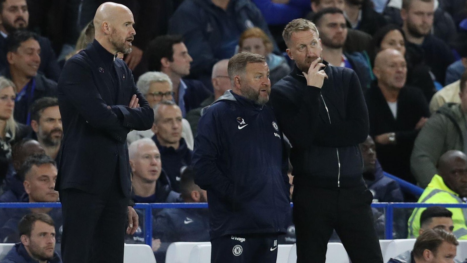 Graham Potter and Erik ten Hag on the touchline during Chelsea v Manchester United.