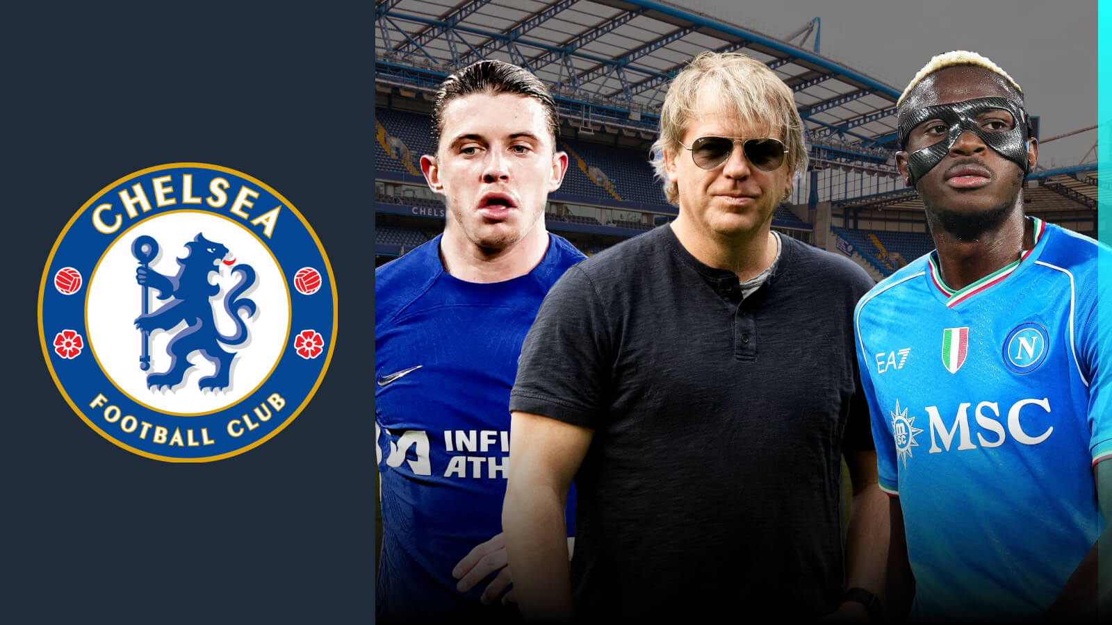 Conor Gallagher, Todd Boehly and Victor Osimhen with the Chelsea flag