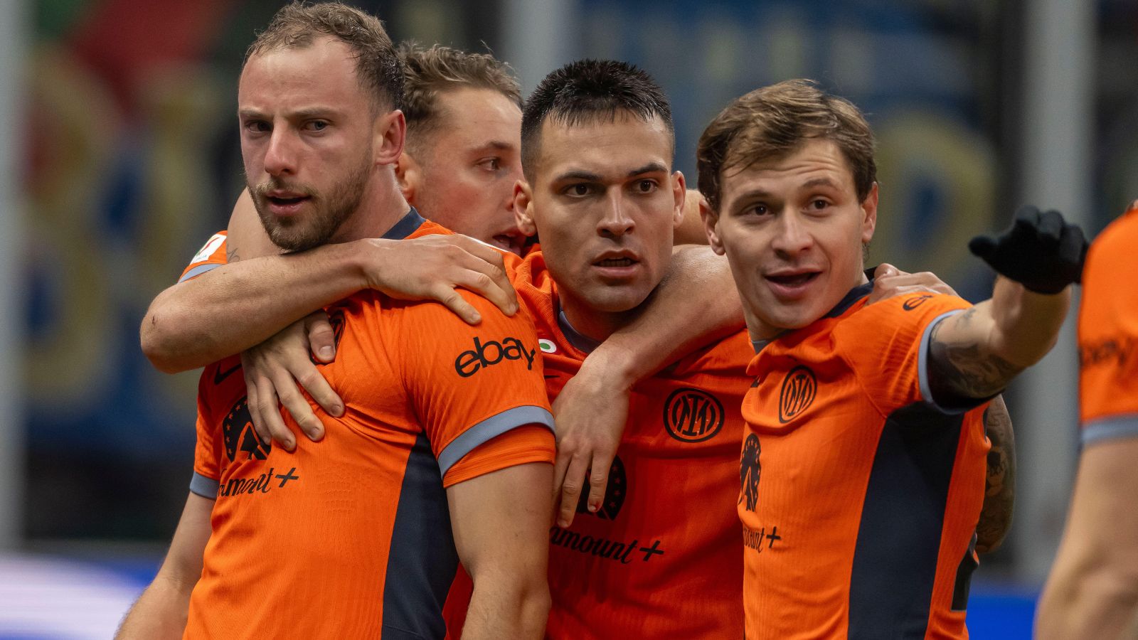 Reported Chelsea and Arsenal target Lautaro Martinez celebrates a goal with his teammates.