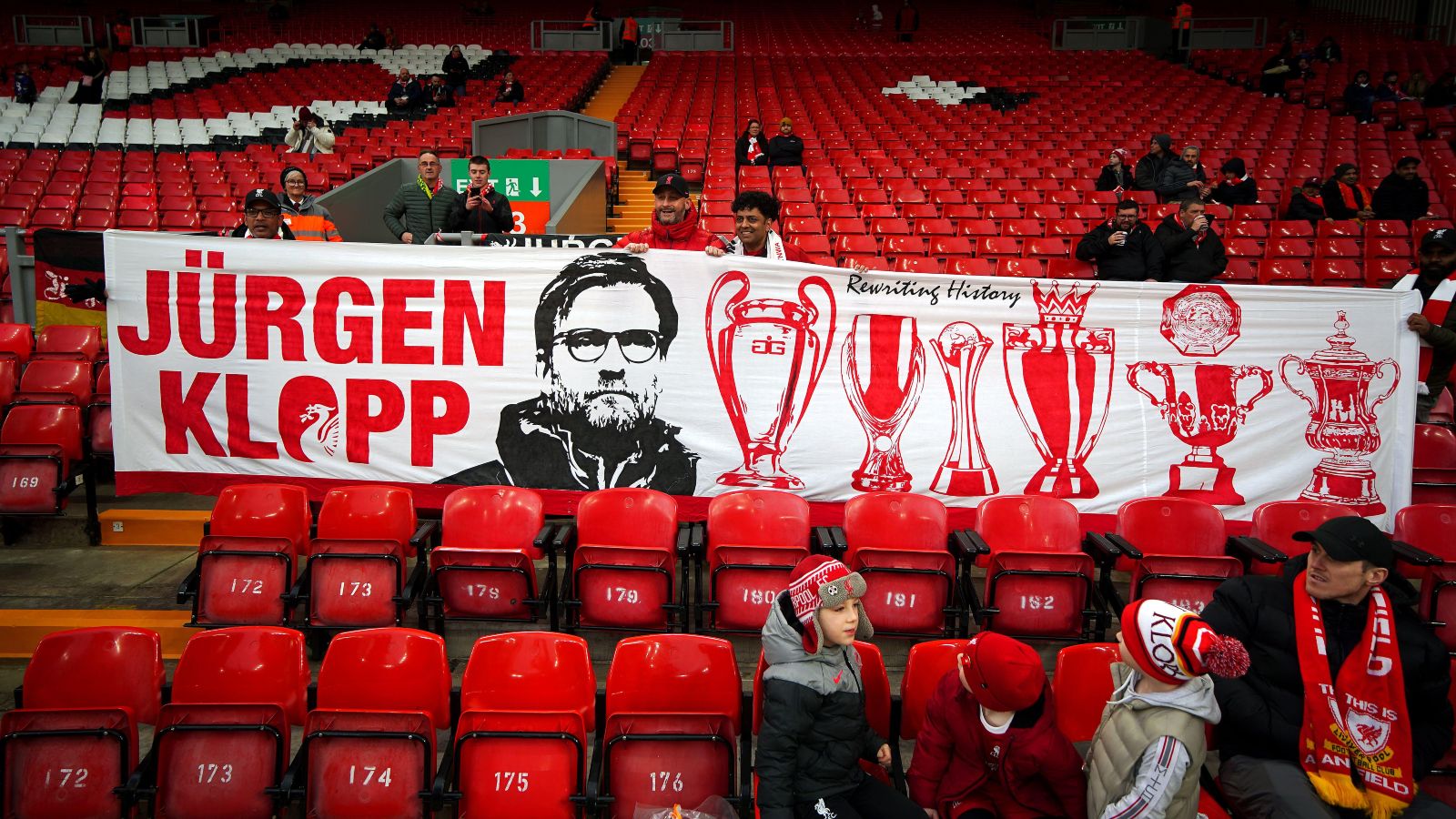 Liverpool fans with a Jurgen Klopp banner