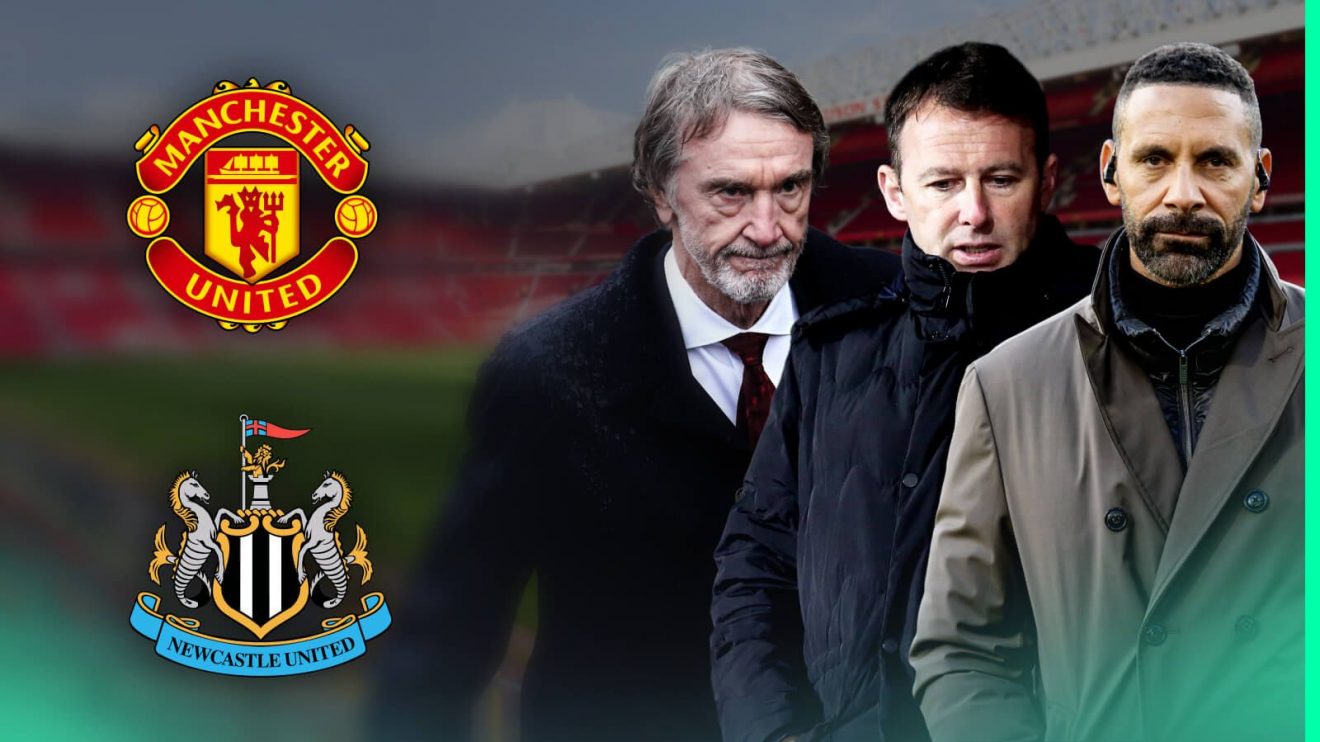 Sir Jim Ratcliffe, Dougie Freedman and Rio Ferdinand with the Man Utd and Newcastle badges