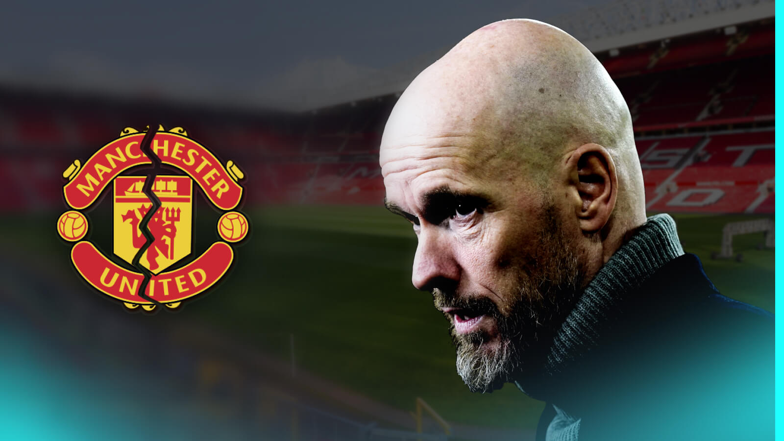 Erik ten Hag looking concerned with a cracked Manchester United badge alongside him and an empty Old Trafford in the background