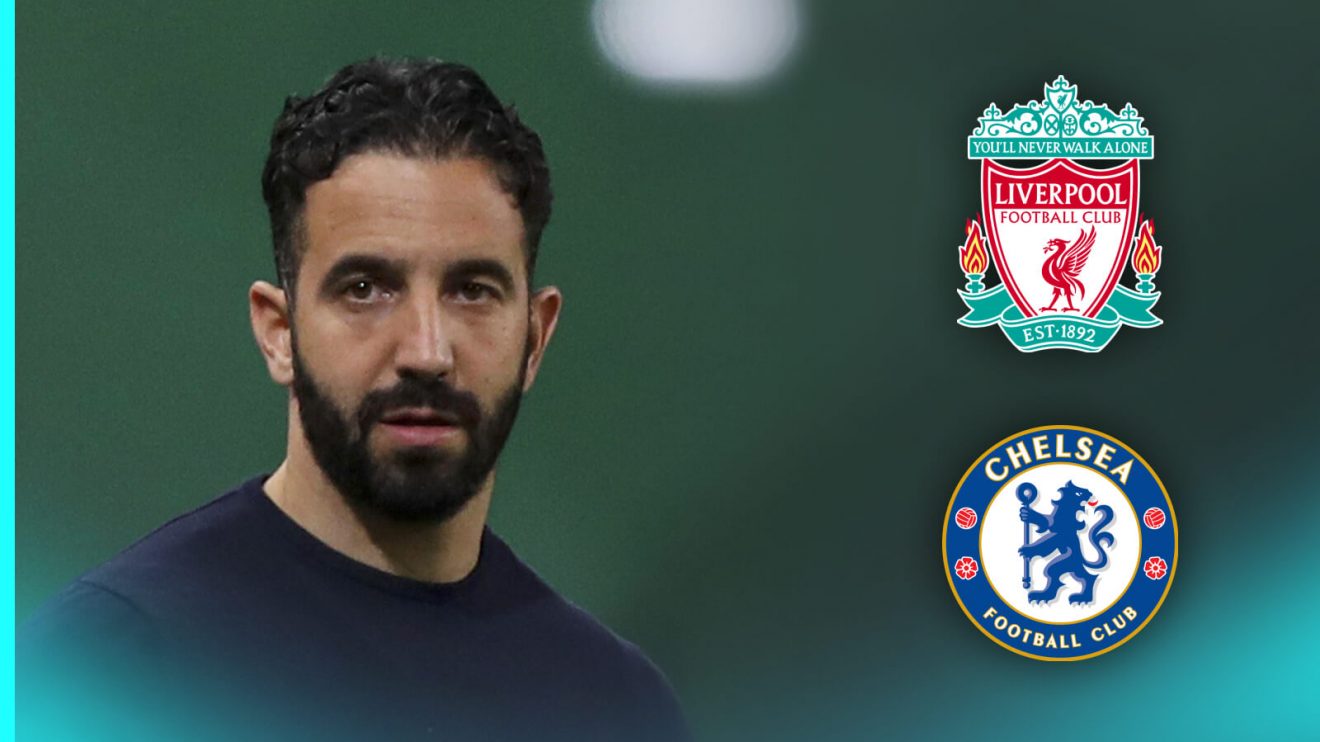 Ruben Amorim with Chelsea and Liverpool badges.