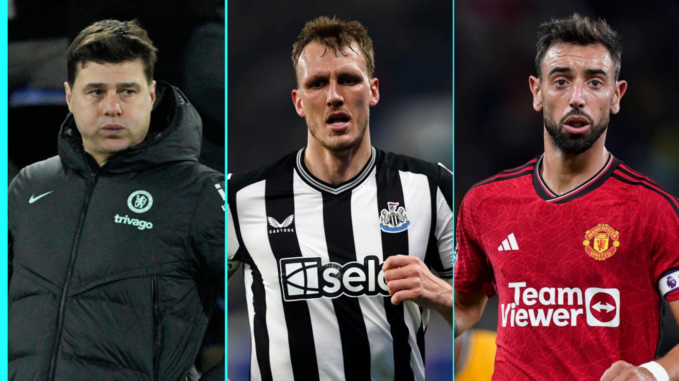 Mauricio Pochettino, Dan Burn and Bruno Fernandes.