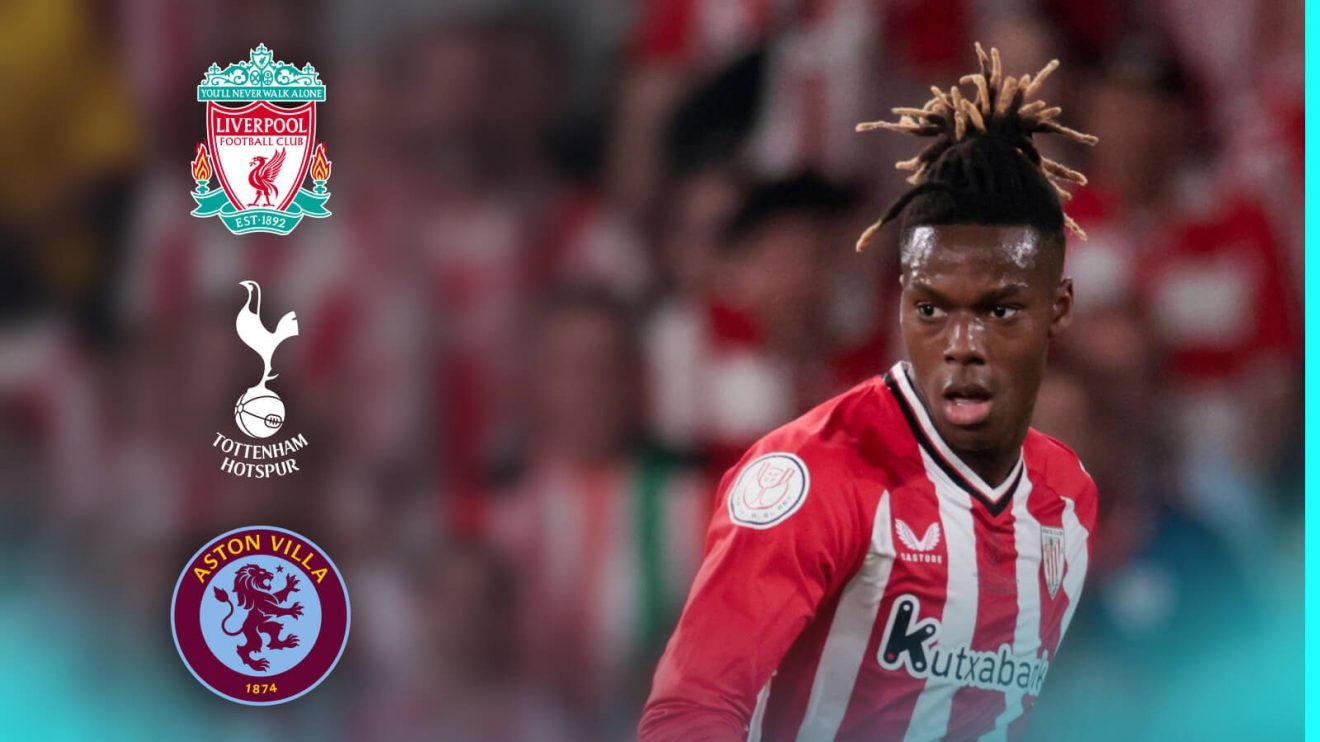 Nico Williams during a match with the Liverpool, Spurs and Aston Villa badges
