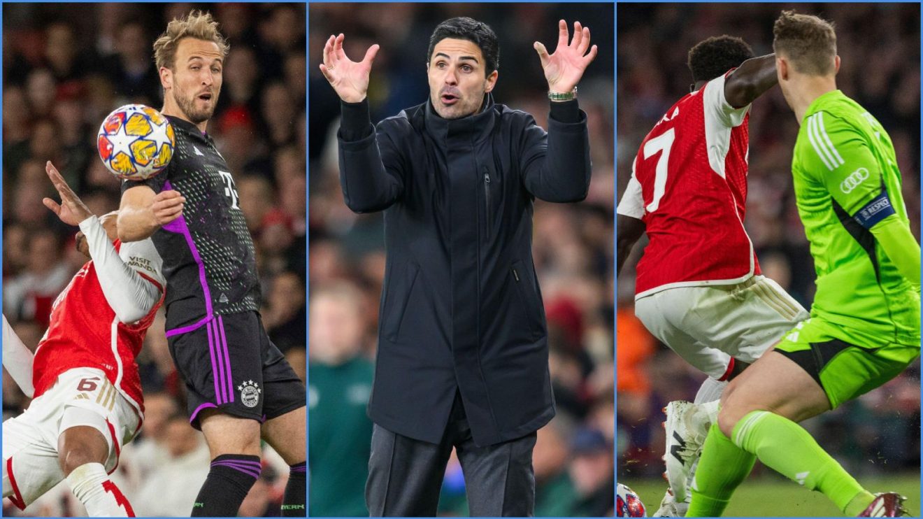 Bayern Munich striker Harry Kane, Arsenal manager Mikel Arteta, and Bukayo Saka clashing with Manuel Neuer