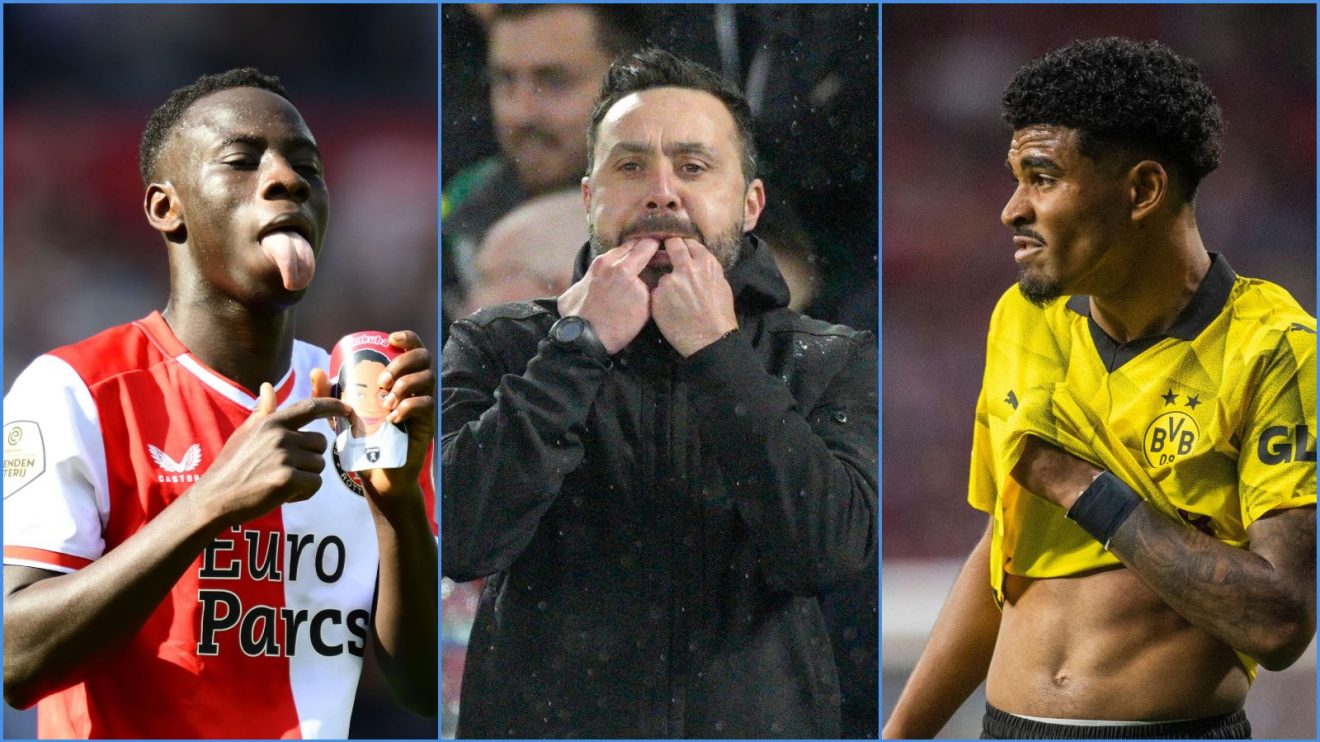 Feyenoord forward Yankuba Minteh, Brighton manager Roberto De Zerbi and Chelsea defender Ian Maatsen, who is on loan at Dortmund