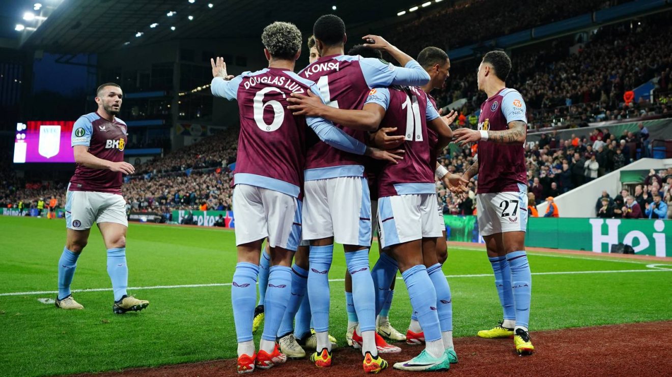 Aston Villa players celebrate Ollie Watkins' opening goal against Lille