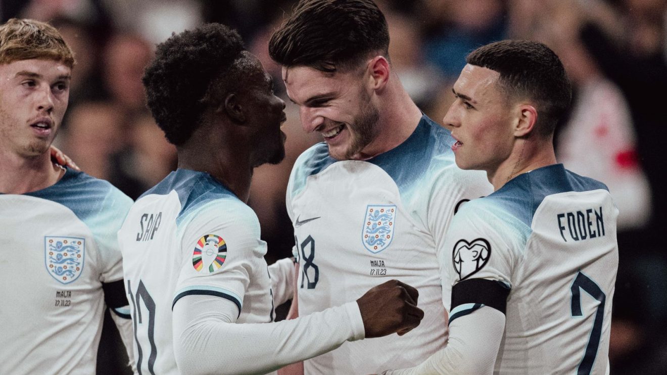 Declan Rice, Bukayo Saka, Cole Palmer and Phil Foden during a match