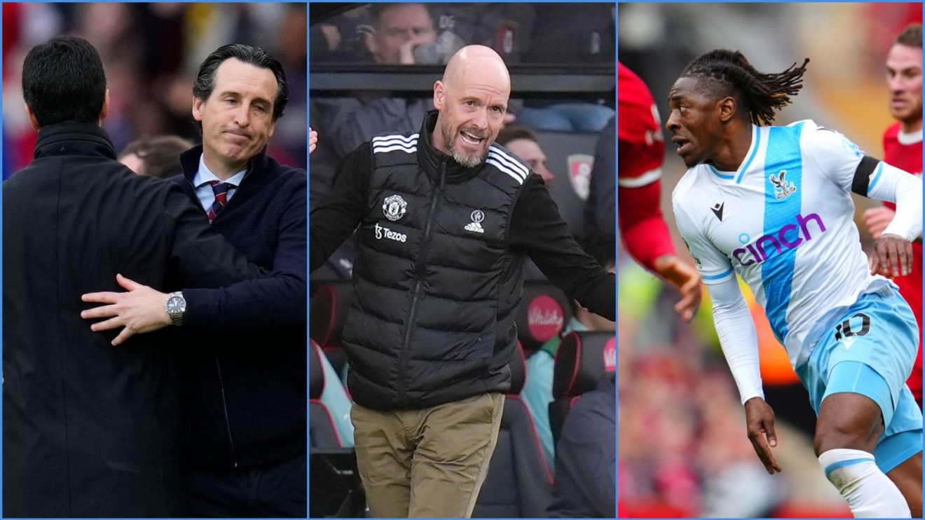 Aston Villa manager Unai Emery, Manchester United coach Erik ten Hag and Crystal Palace player Eberechi Eze