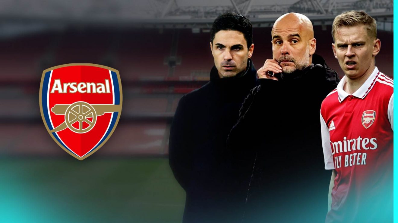Arsenal left-back Oleksandr Zinchenko with Pep Guardiola and Mikel Arteta