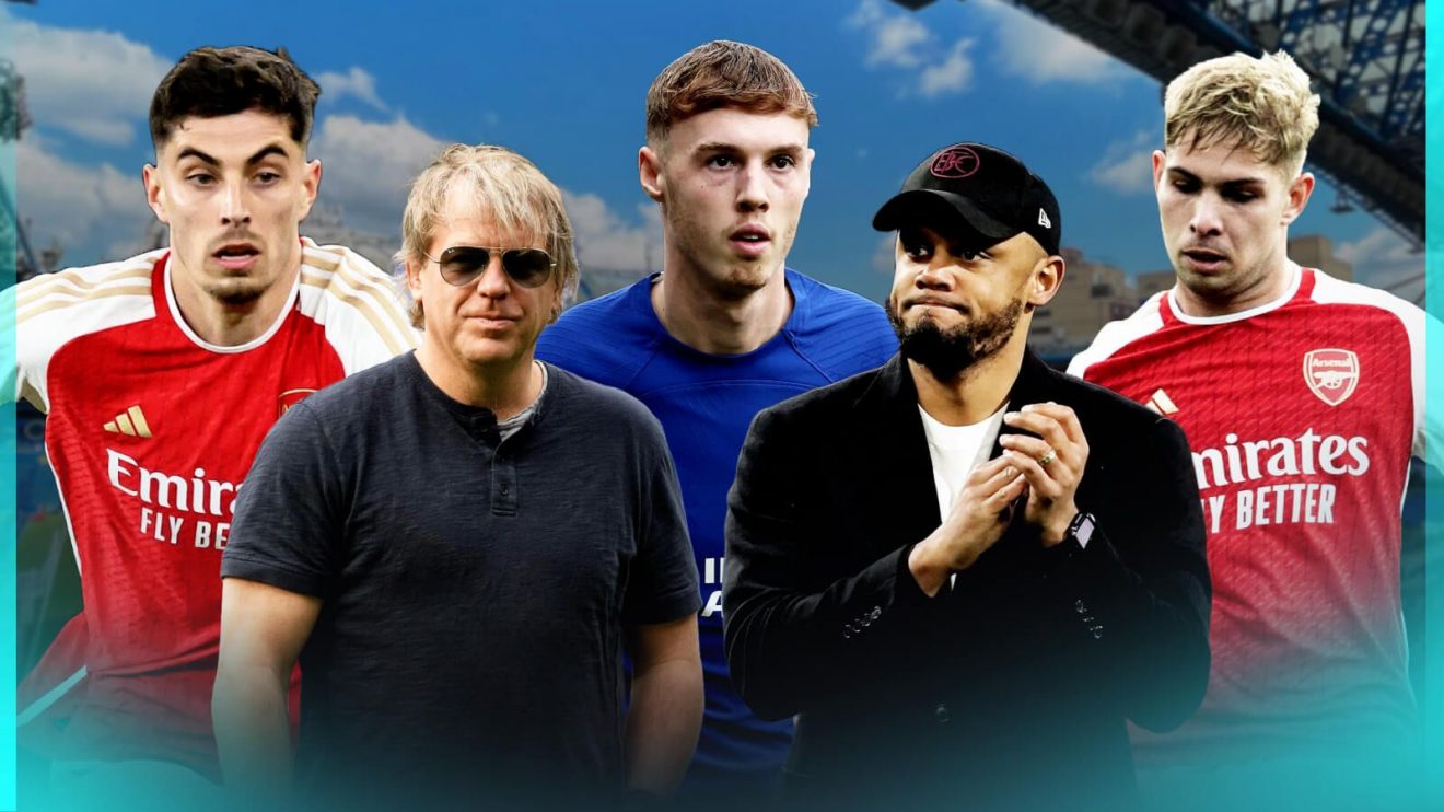 Arsenal player Kai Havertz, Chelsea owner Todd Boehly and forward Cole Palmer, Burnley coach Vincent Kompany and Emile Smith Rowe