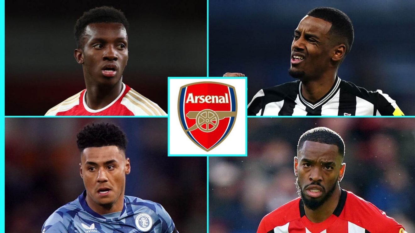 Eddie Nketiah, Alexander Isak, Ollie Watkins and Ivan Toney with the Arsenal badge