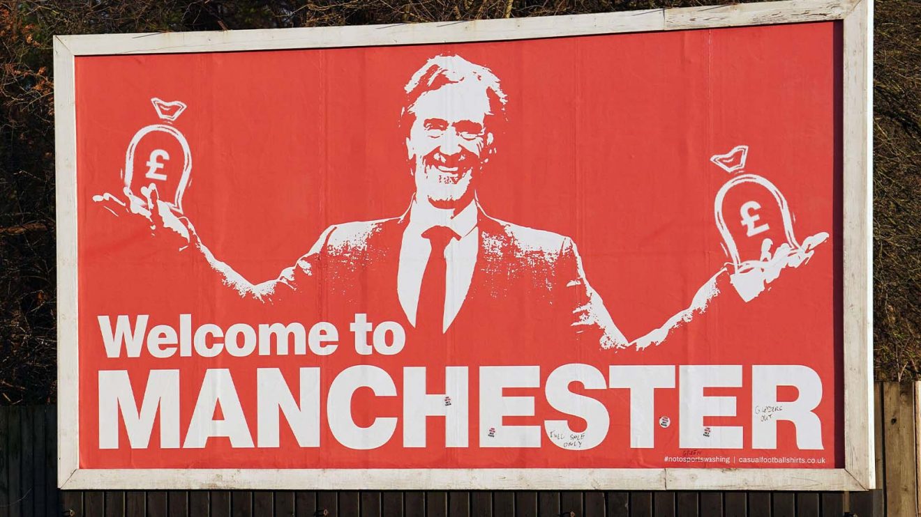 A poster of Sir Jim Ratcliffe holding poorly-photoshopped money bags