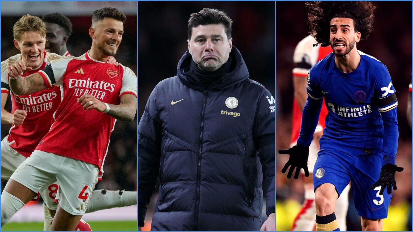 Arsenal players Martin Odegaard and Benjamin White, Chelsea manager Mauricio Pochettino and defender Marc Cucurella