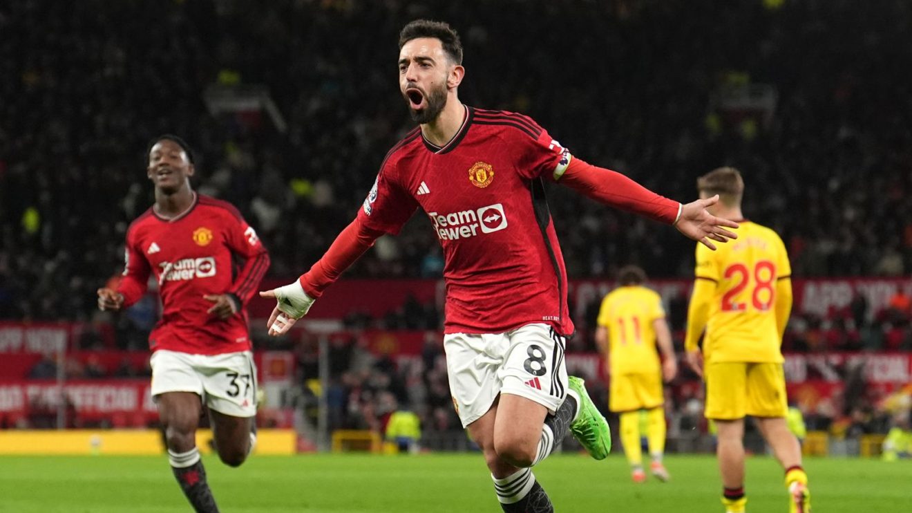 Bruno Fernandes celebrates after scoring in a 4-2 Manchester United win against Sheffield United