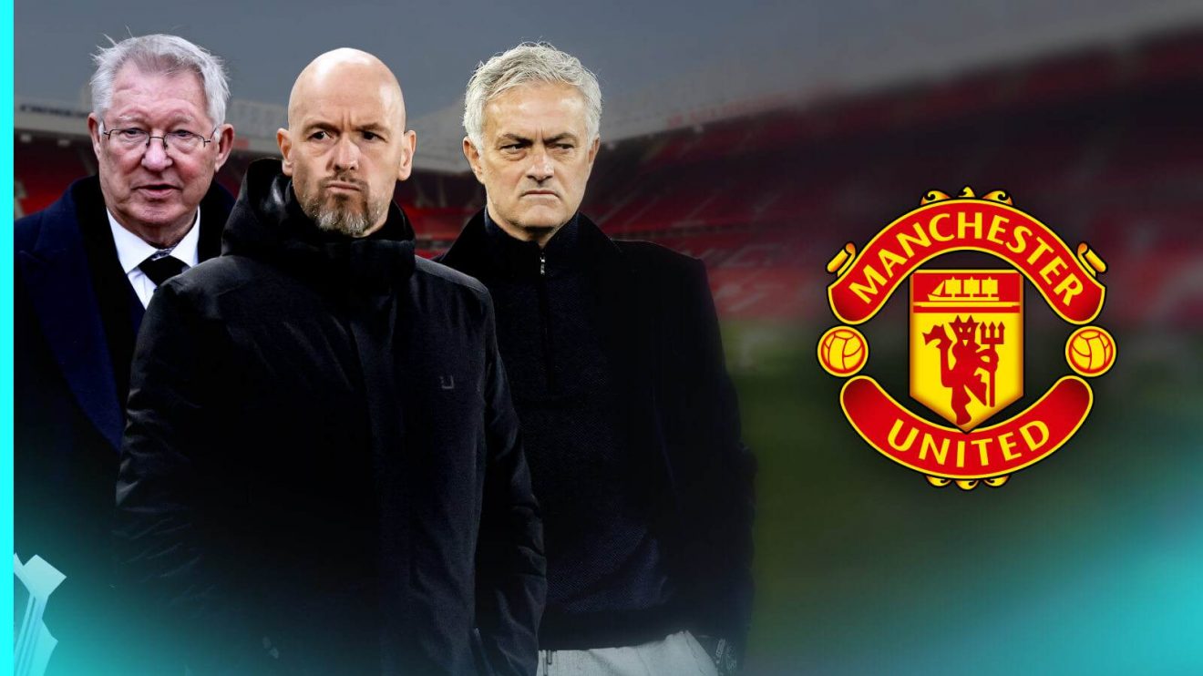 Sir Alex Ferguson, Erik ten Hag and Jose Mourinho with the Man Utd badge