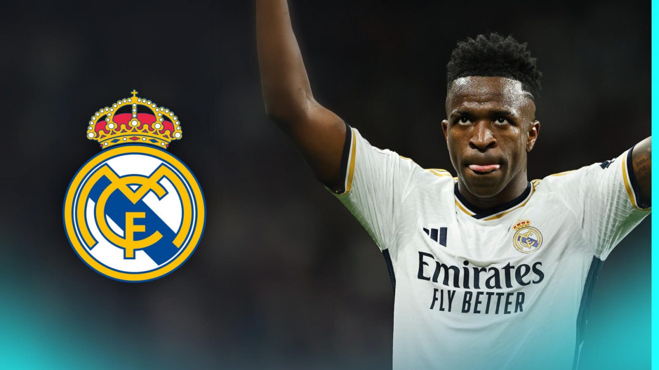 Vinicius Jnr and the Real Madrid badge.
