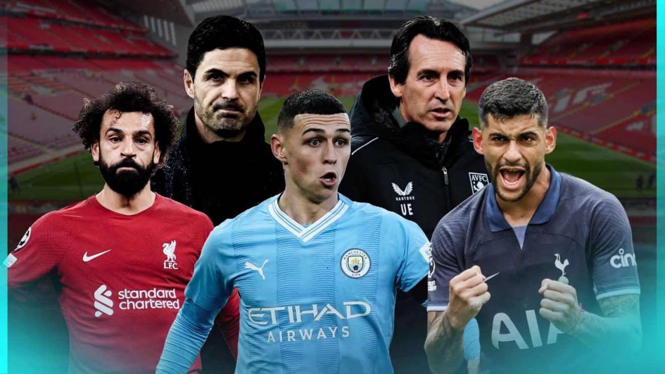 Liverpool forward Mo Salah, Arsenal manager Mikel Arteta, Manchester City player Phil Foden, Aston Villa coach Unai Emery and Spurs defender Cristian Romero