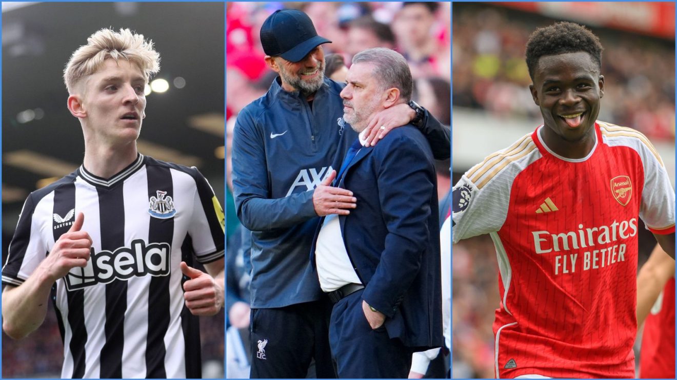 Newcastle forward Anthony Gordon, Liverpool manager Jurgen Klopp, Spurs coach Ange Postecoglou and Arsenal player Bukayo Saka