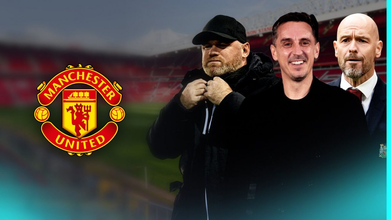 Wayne Rooney, Gary Neville and Erik ten Hag with the Man Utd badge