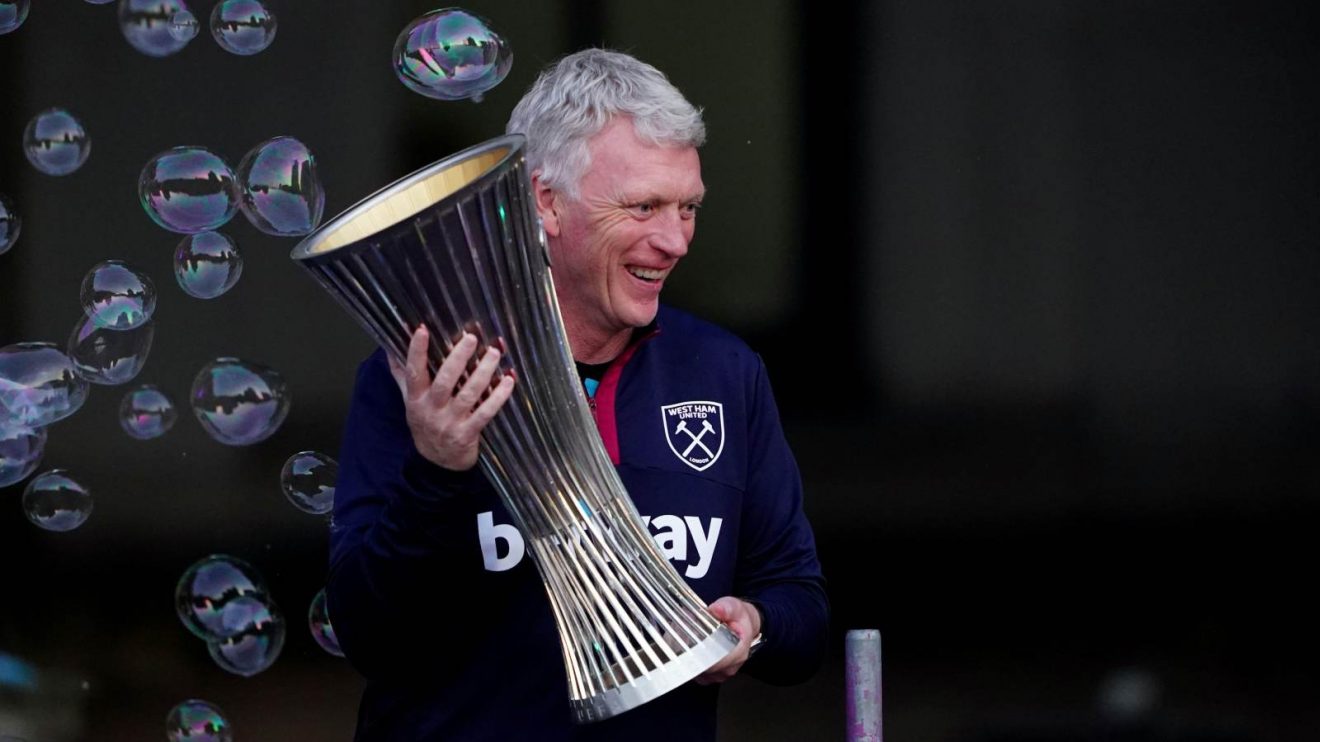 David Moyes celebrates with the Europa Conference League trophy