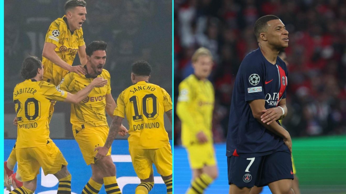 Mats Hummels celebrates his goal; Kylian Mbappe looks dejected