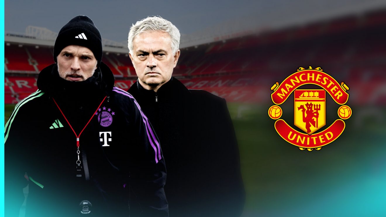 Jose Mourinho and Thomas Tuchel with the Man Utd badge