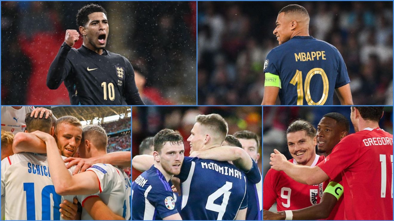 England player Jude Bellingham, France forward Kylian Mbappe, and Czechia, Scotland and Austria players