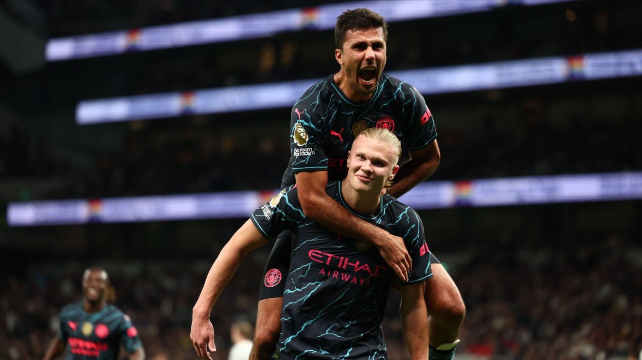 Erling Haaland celebrates his second goal against Spurs