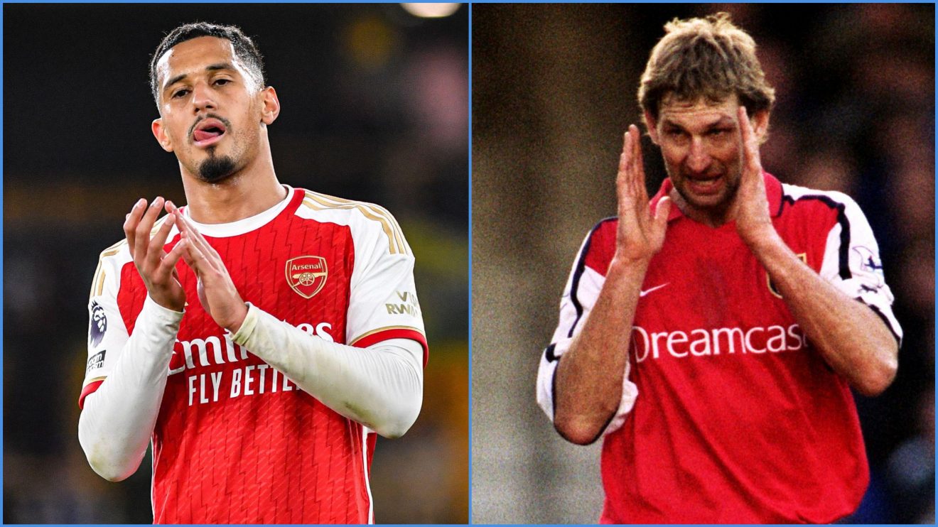 Arsenal defenders William Saliba and Tony Adams