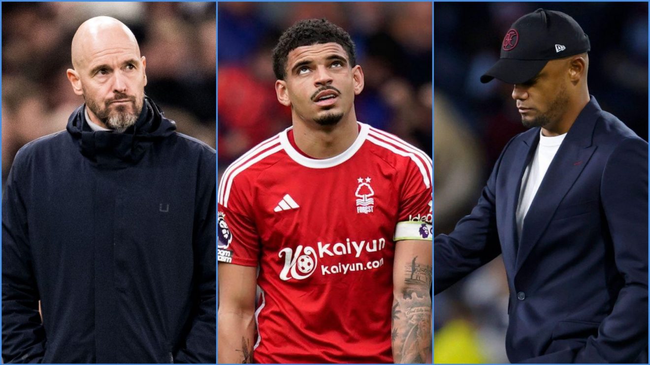 Manchester United manager Erik ten Hag, Nottingham Forest player Morgan Gibbs-White and Burnley coach Vincent Kompany